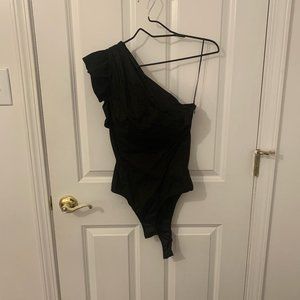 Zara One Shoulder Ruffle Black Bodysuit